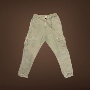 Women's Nicole Miller Light Kaki Green Linen Cargo Pants, Size Large